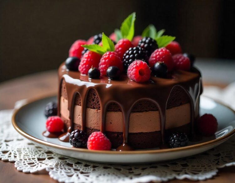 Chocolate cake decorated with forest fruits blueberries strawberries and blackberries Ai generative