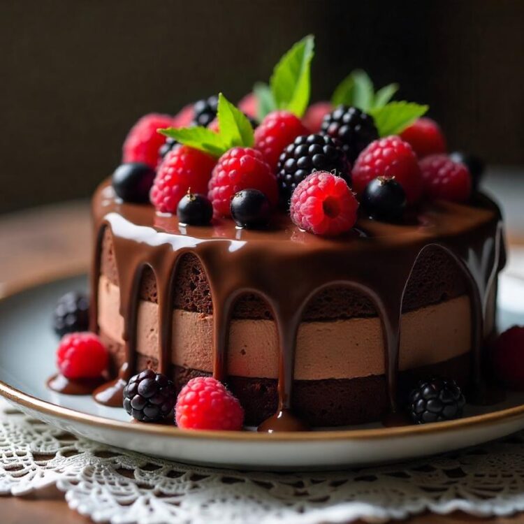 Chocolate cake decorated with forest fruits blueberries strawberries and blackberries Ai generative