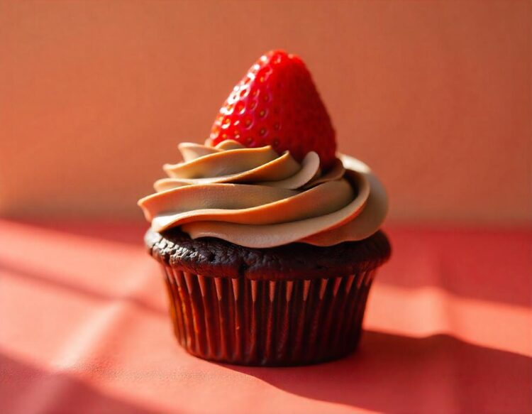 Chocolate cupcake with a swirled chocolate topping fresh strawberry