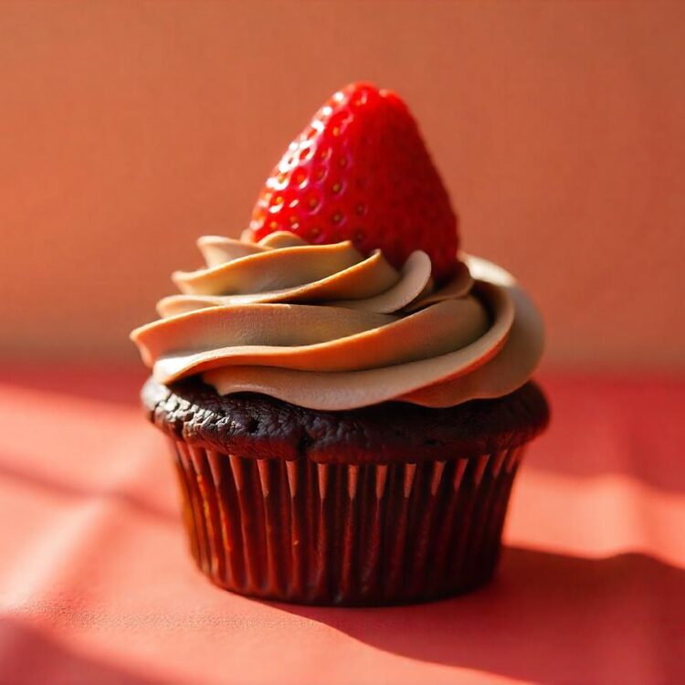 Chocolate cupcake with a swirled chocolate topping fresh strawberry