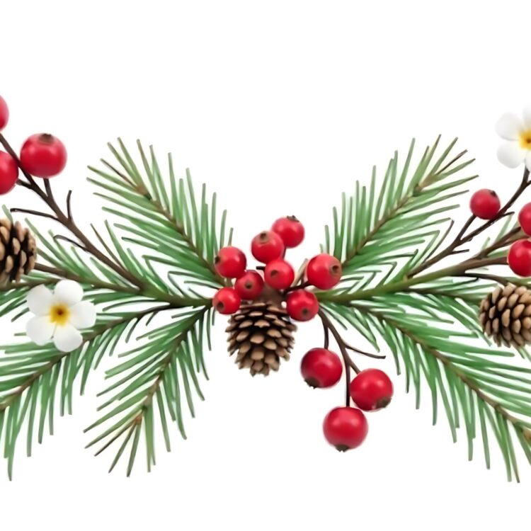 Christmas tree branches with red berries on white background Holidays decoration banner