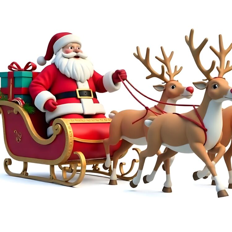 Christmasthemed image featuring Santa Claus in a red sleigh filled with gifts