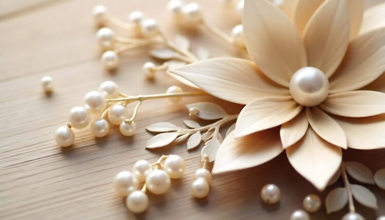 Closeup of a decorative floral detail on the wedding accessories