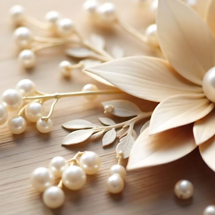 Closeup of a decorative floral detail on the wedding accessories