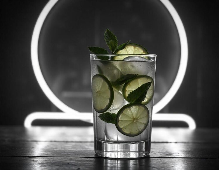 Cocktail Mojito or Lemonade with Lime, Mint and Ice. Concept Fresh Summer Drinks