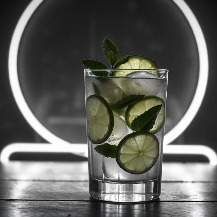 Cocktail Mojito or Lemonade with Lime, Mint and Ice. Concept Fresh Summer Drinks