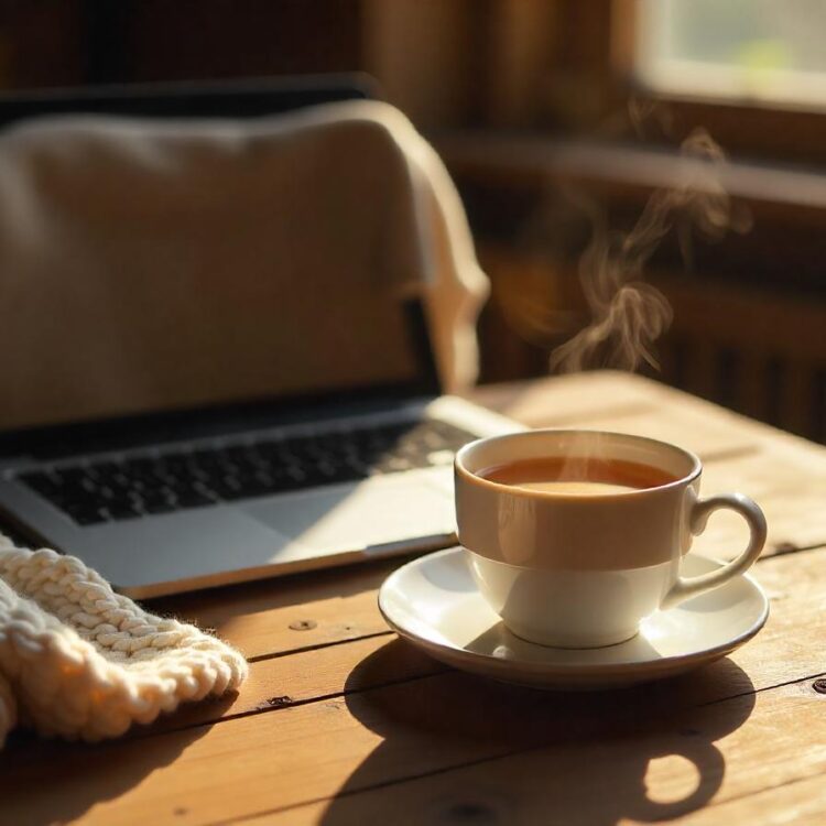 Coffee cup on wooden table with laptop in the morning light Generative AI