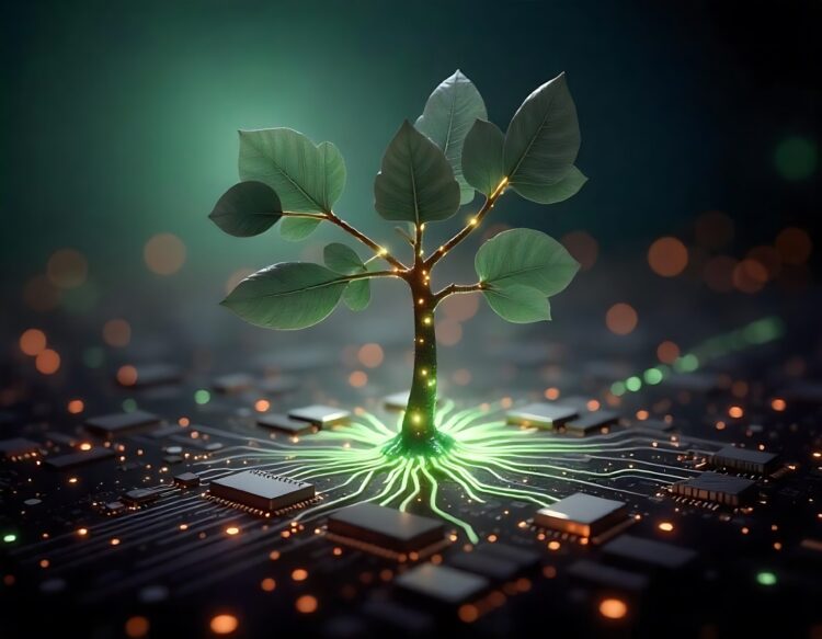 Computer Chip On A Green Leaf With A Background Of A Blue Circuit Board And A Plant The Concept Of Artificial Intelligence And Technology