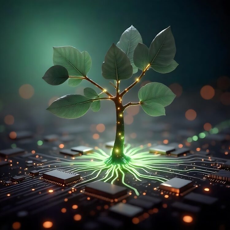 Computer Chip On A Green Leaf With A Background Of A Blue Circuit Board And A Plant The Concept Of Artificial Intelligence And Technology