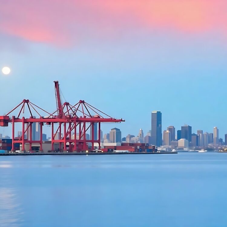 Cranes At Commercial Dock Against Clear Sky