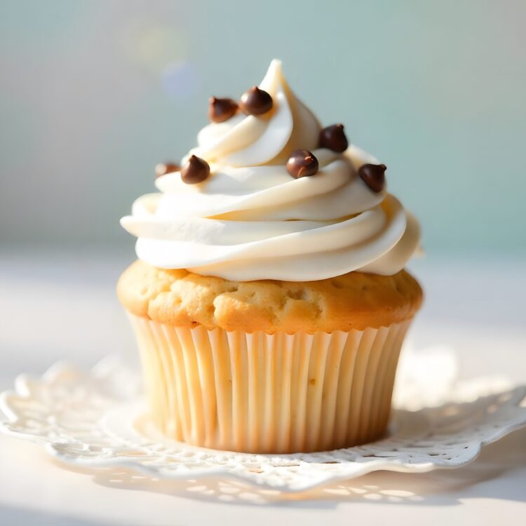 **Freshly Frosted Cupcake Bliss** Indulge in the charm of freshly baked cupcakes with our **White Frosting & Chocolate Chip Delight**. These fluffy, golden cupcakes are topped with a generous swirl of creamy white frosting and sprinkled with decadent chocolate chips for the perfect combination of sweetness and texture. Cooling on a rack, these treats are as tempting as they are fresh, with their inviting aroma filling the air. Whether enjoyed warm or cooled to perfection, they’re ideal for celebrations, coffee breaks, or a simple moment of indulgence. Treat yourself to a bite of handcrafted goodness!