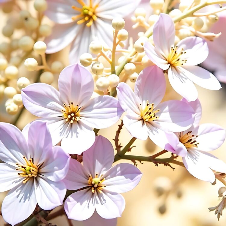 Delicate white pink flowers of Saxifrage moss in spring garden