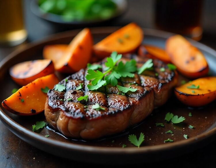Delicious Grilled Pork Chop with Fresh Greens Salad Generative AI