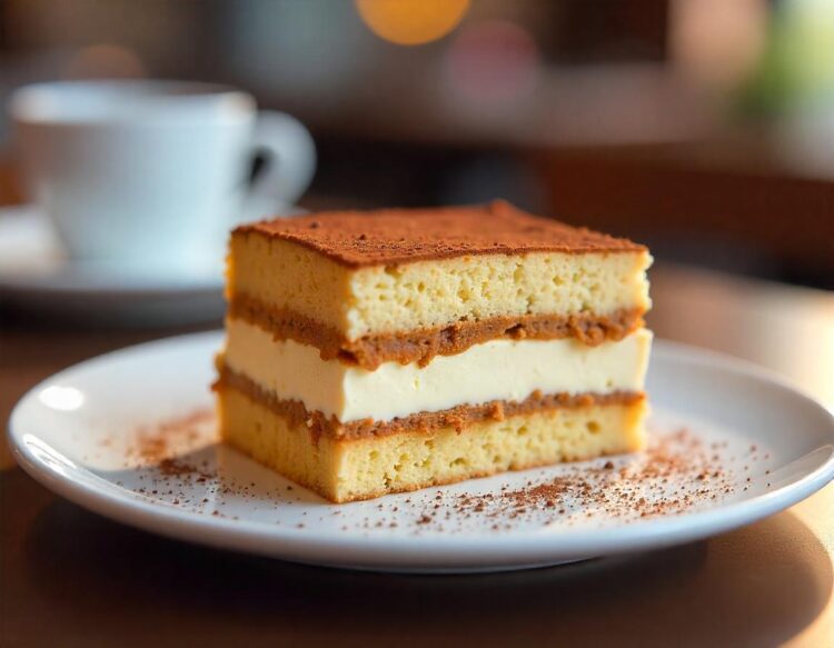 Delicious Tiramisu Cake on a Plate with Creamy Layers and CoffeeSoaked Ladyfingers