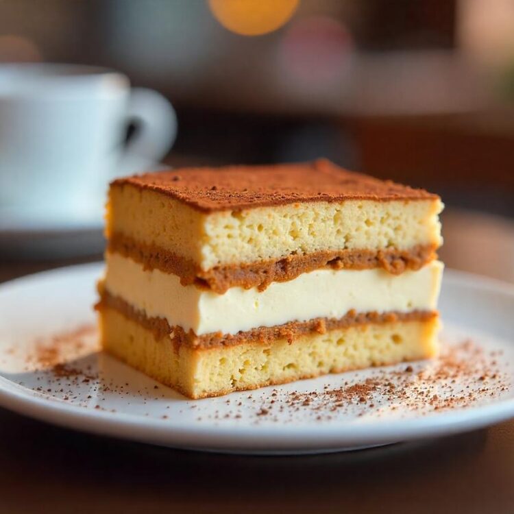 Delicious Tiramisu Cake on a Plate with Creamy Layers and CoffeeSoaked Ladyfingers