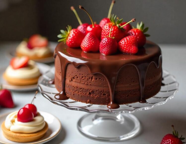 Delicious cake with cherry and strawberry