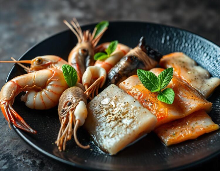 Delicious seafood plate with shrimp and vegetables Fresh ingredients create a colorful and tasty dish Perfect for foodies and culinary enthusiasts Generative AI