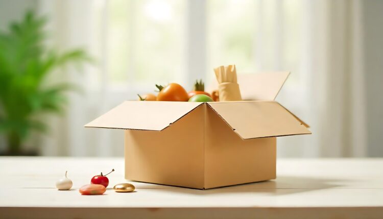 Donation box with food and toilet paper on the wooden desk