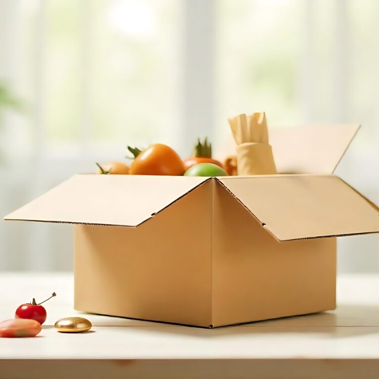 Donation box with food and toilet paper on the wooden desk