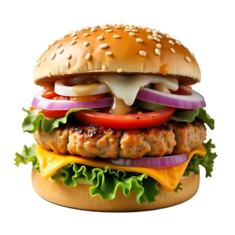 Double Cheeseburger with Fresh Vegetables and Sesame Bun on White Background