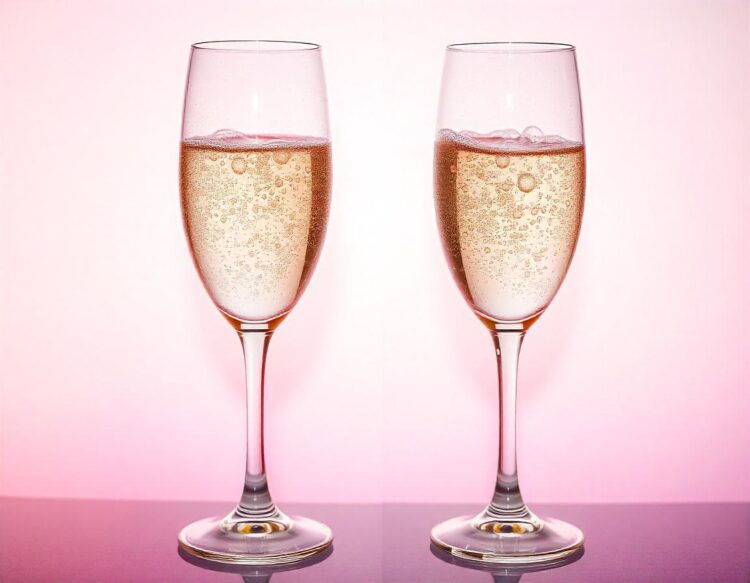 Elegant female hand holding a glass of champagne against a crisp white background