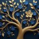 Elegant gold and royal blue floral tree with seamless leaves and flowers hanging branches illus