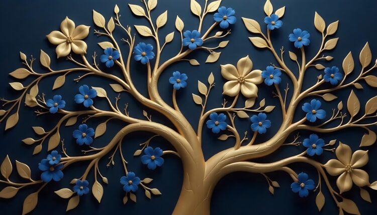 Elegant gold and royal blue floral tree with seamless leaves and flowers hanging branches illus