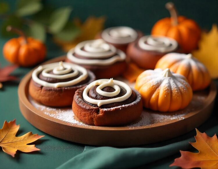 Fall pastries including cinnamon rolls and pumpkin muffins are on a wooden board with leaves