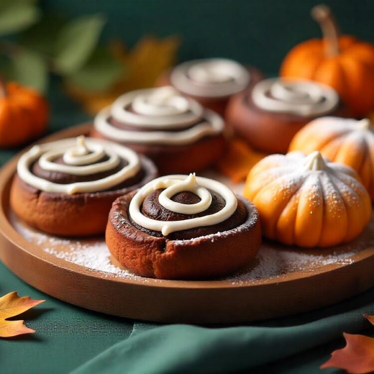 Fall pastries including cinnamon rolls and pumpkin muffins are on a wooden board with leaves