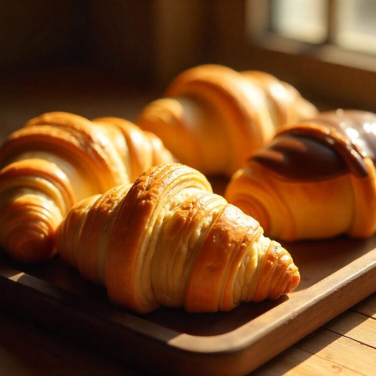 Flat lay Fresh baked croissants Warm Fresh Buttery Croissants and Rolls