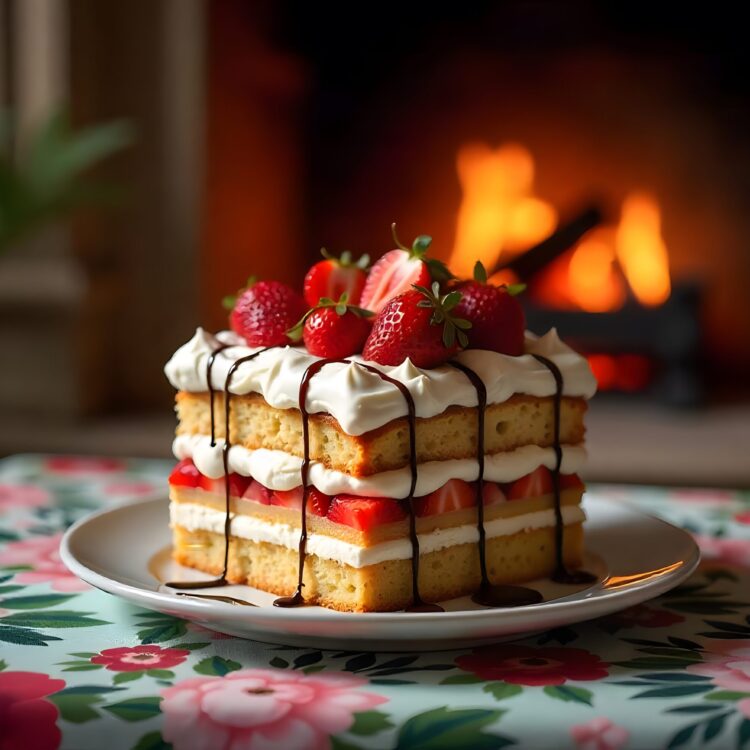 Gourmet Strawberry Shortcake Slice with Cream on Black Background