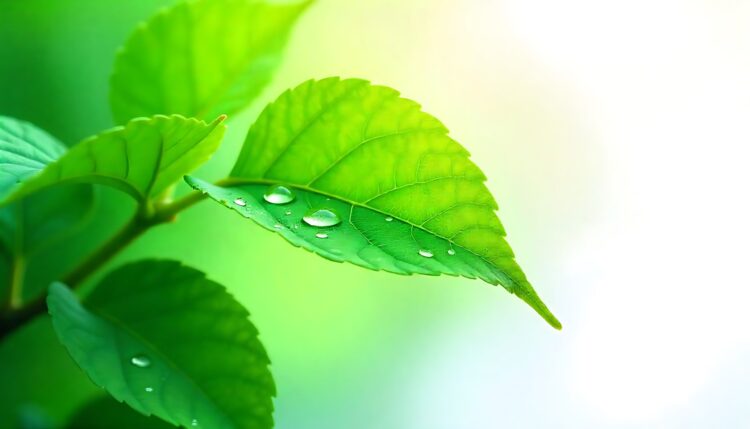 Green leaf with water drops macro nature background with water reflection