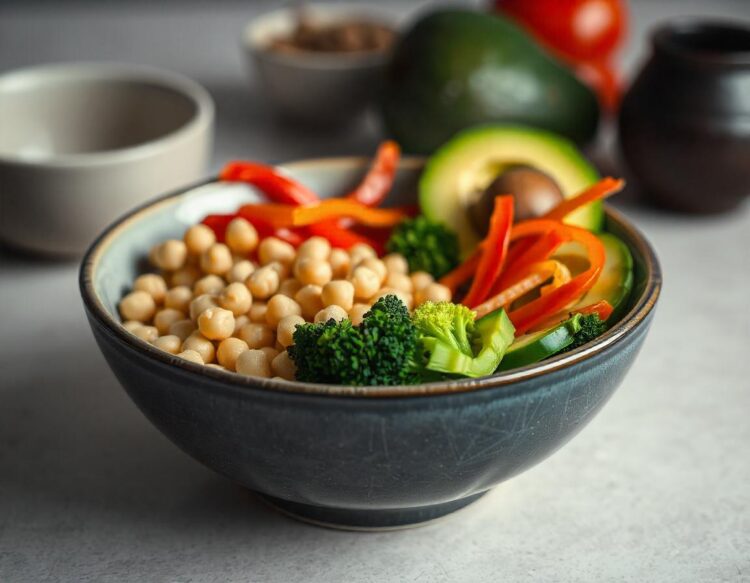Healthy Vegan Buddha Bowl with Fresh Vegetables Chickpeas and Quinoa