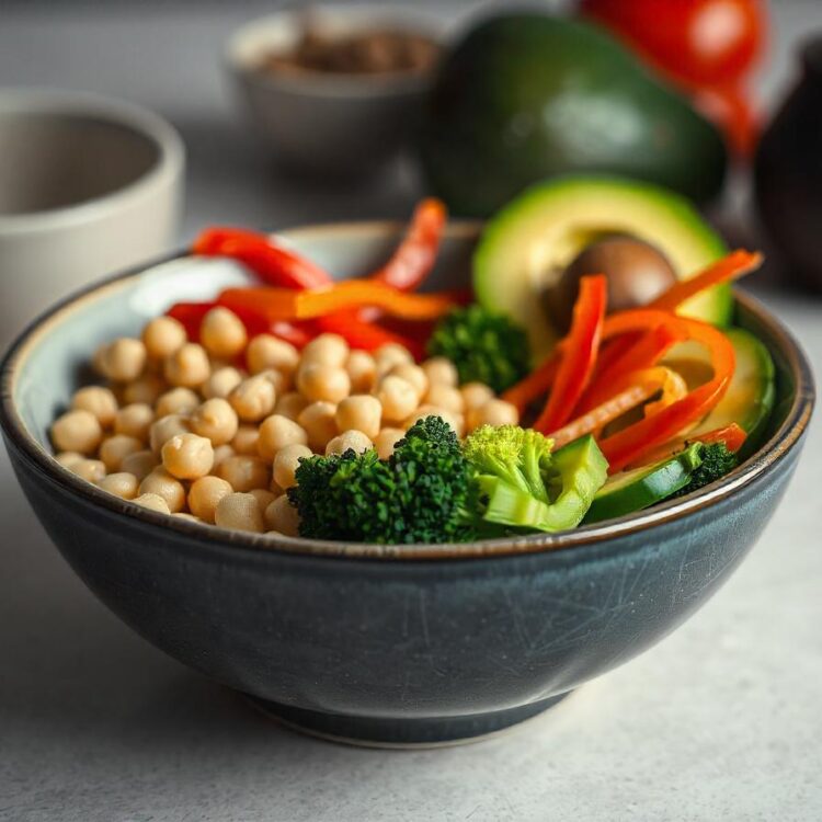 Healthy Vegan Buddha Bowl with Fresh Vegetables Chickpeas and Quinoa