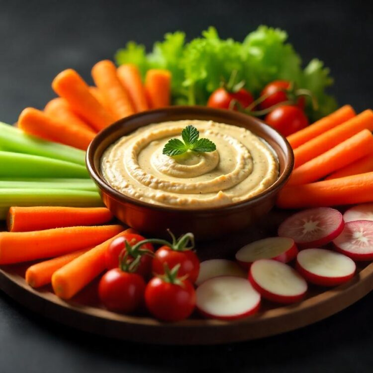 Healthy homemade hummus with assorted fresh vegetables and pita bread.