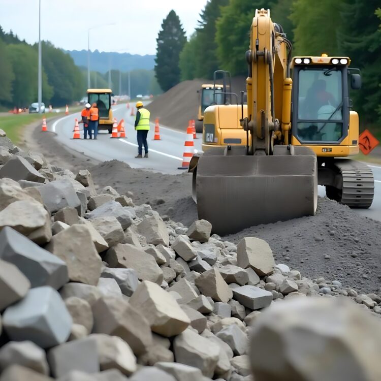 Heavy Equipment Operators Working On A Road Construction Site