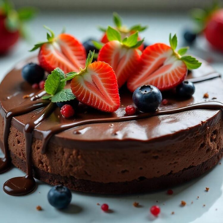 Indulgent chocolate cheesecake with fresh berry topping generated