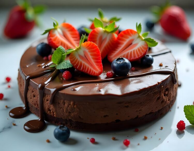 Indulgent chocolate cheesecake with fresh berry topping generated