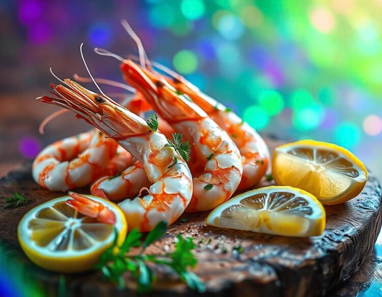 Juicy shrimps on rustic wooden plank with lemon and greens