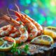 Juicy shrimps on rustic wooden plank with lemon and greens