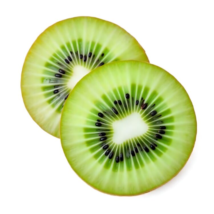 Kiwi fruit Slices macro. Ripe Kiwi fruit isolated on white surface. flat lay.Fresh tropical abstract PNG