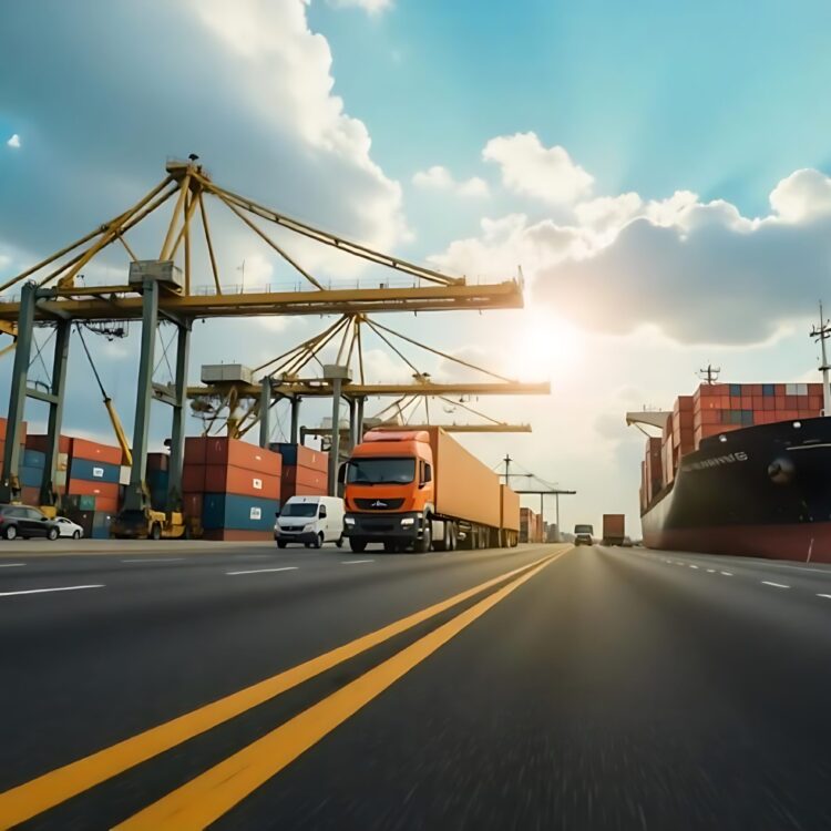 Large Cargo Ship With Black Sides Sails On Sea With Cargo