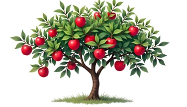 Lush Green Apple Tree Laden with Ripe Red Apples Isolated on White Background