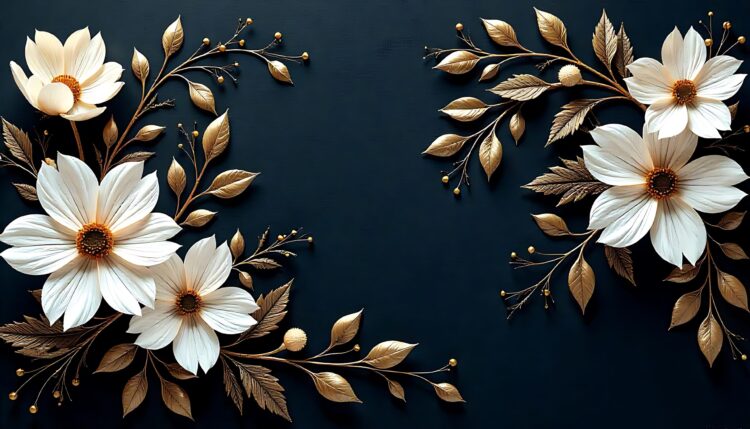 Luxurious golden wallpaper in dark blue background and white flower Generative AI