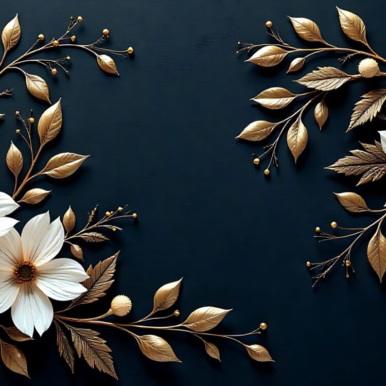 Luxurious golden wallpaper in dark blue background and white flower Generative AI