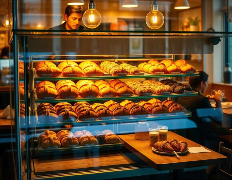 Many buns and croissants on a shelf of a baking shop