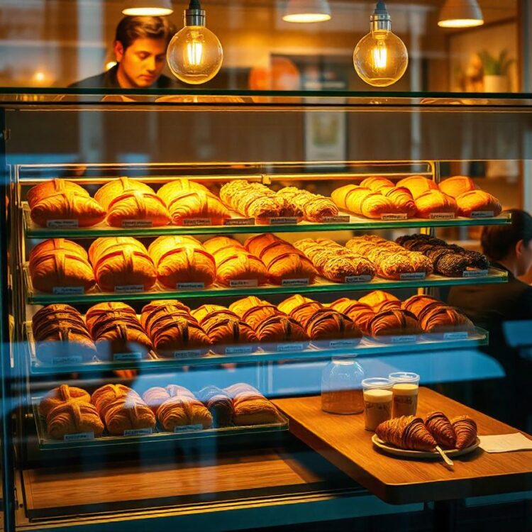 Many buns and croissants on a shelf of a baking shop