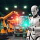 Mechanized industry robot and human worker working together in future factory