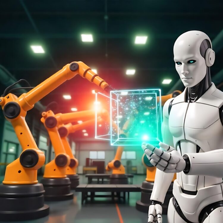 Mechanized Industry Robot And Human Worker Working Together In Future Factory