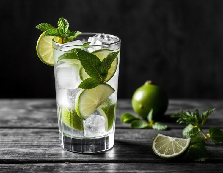 Mojito cocktail glass with ice pieces, fresh mint leaves and lime slices with tube